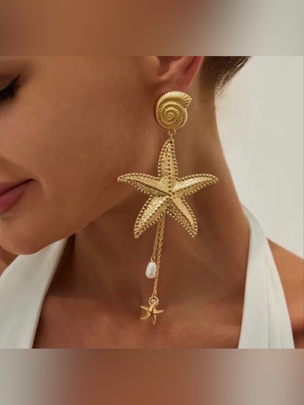 Zara Limited Edition Starfish Dangle Earrings Gold Tone Pearl Coastal NWOT